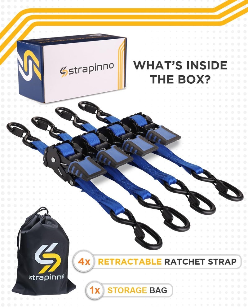 Strapinno 4 Pack Auto Retractable Ratchet Straps Bundle -1 in x 6 ft, 1500 LBS Break Strength Each, Heavy Duty Tie Down Straps for Cargo Securing, Weather Resistant Safety S-Hooks, Blue Strap - Image 3